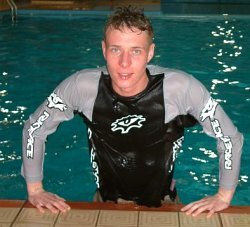 pool side push-up in wet T-shirt